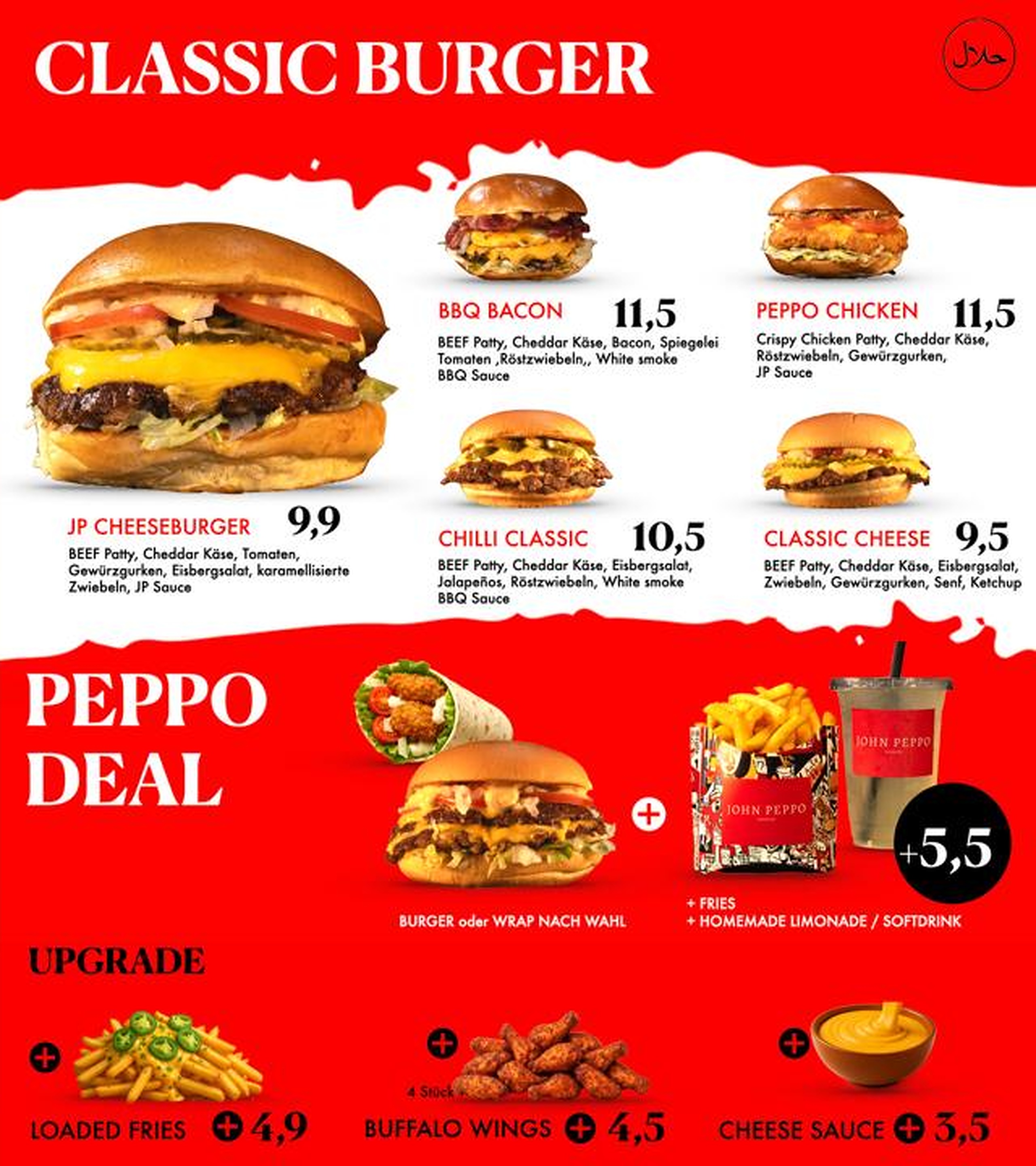 John Peppo menu panel with classic burgers and Peppo deal