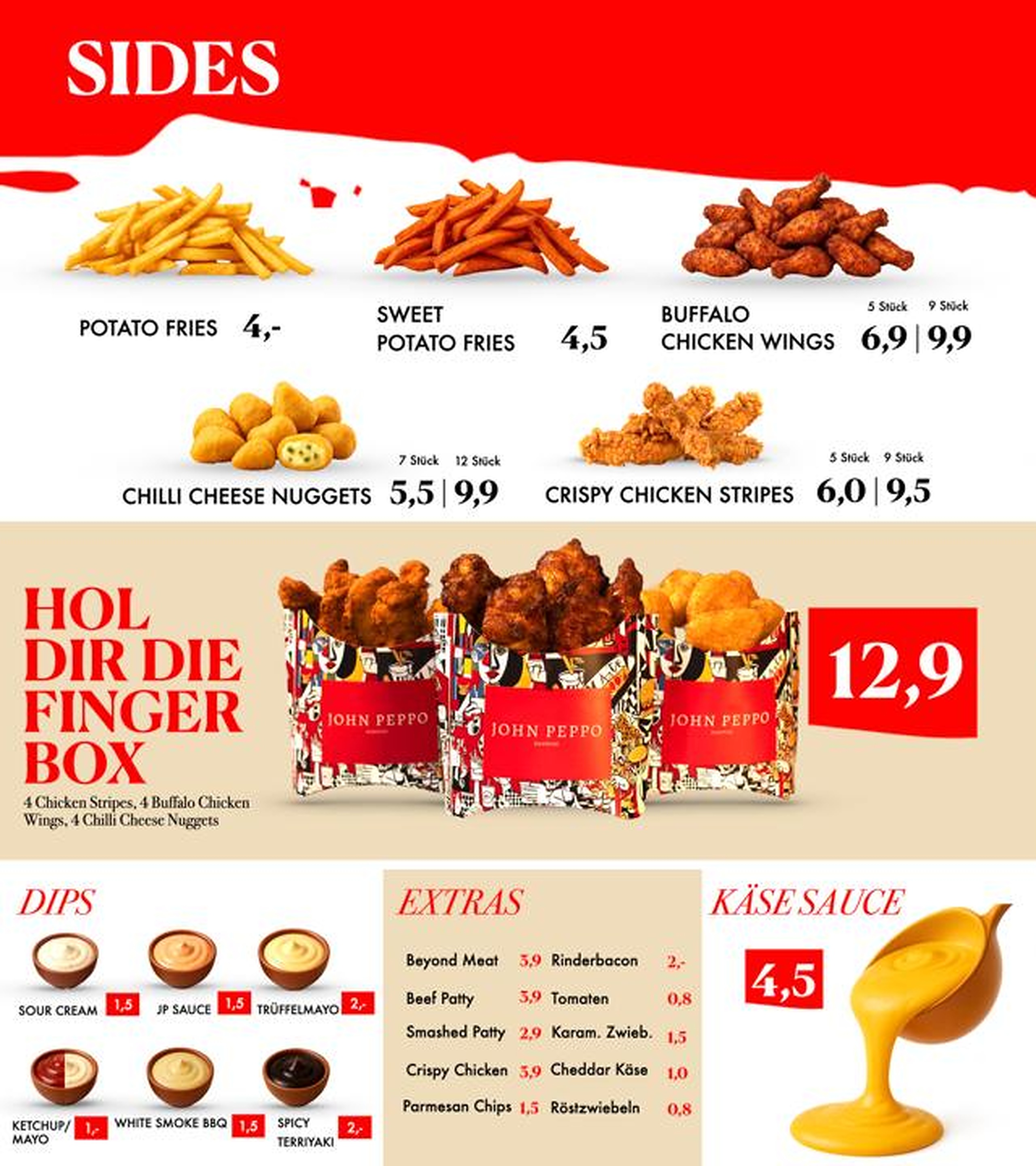 John Peppo menu panel with sides, dips, extras, and cheese sauce