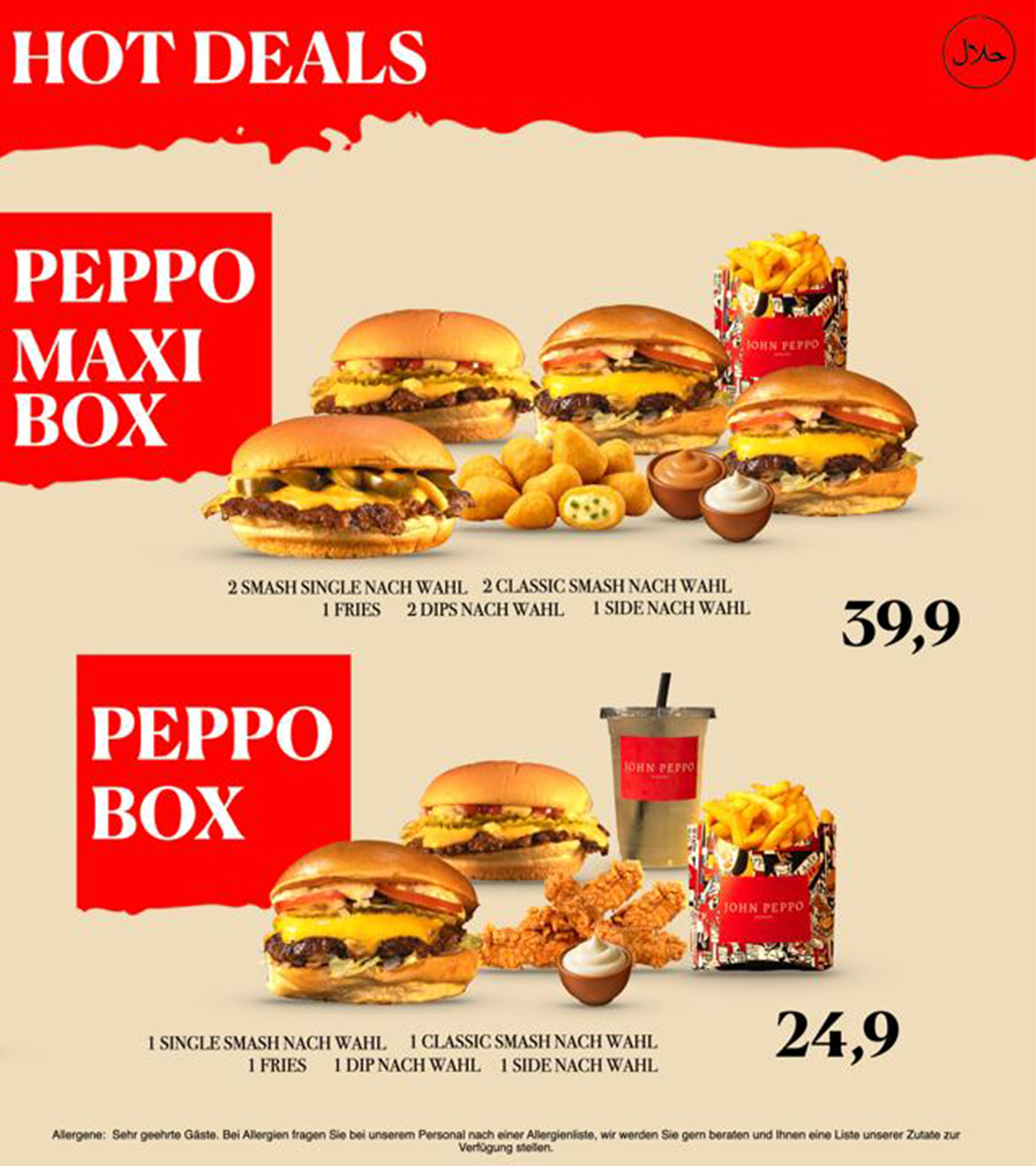 John Peppo menu panel with hot deals and menu boxes