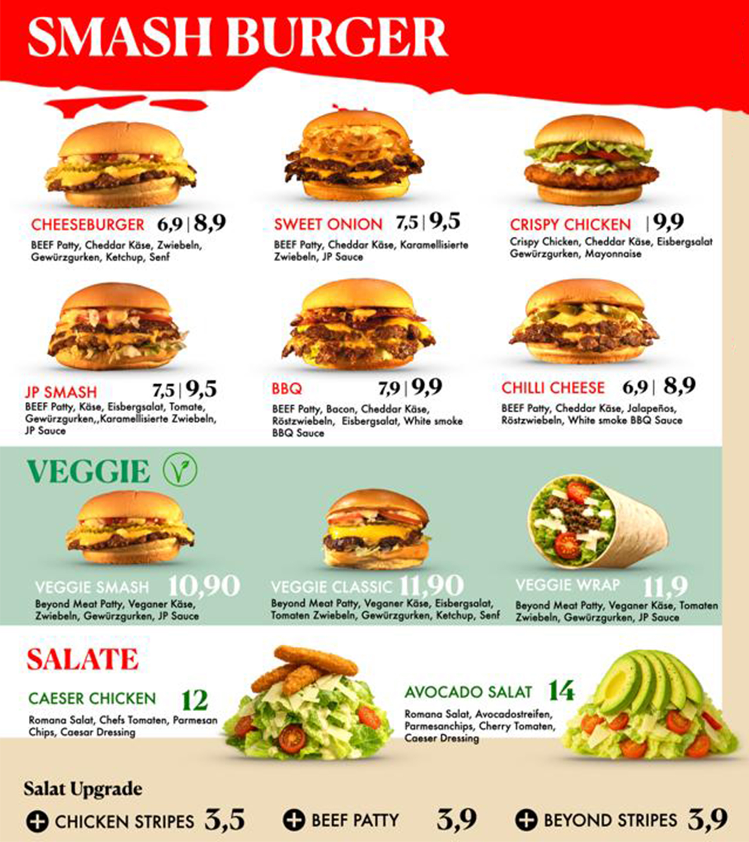 John Peppo menu panel with smash burgers, veggie options, and salads
