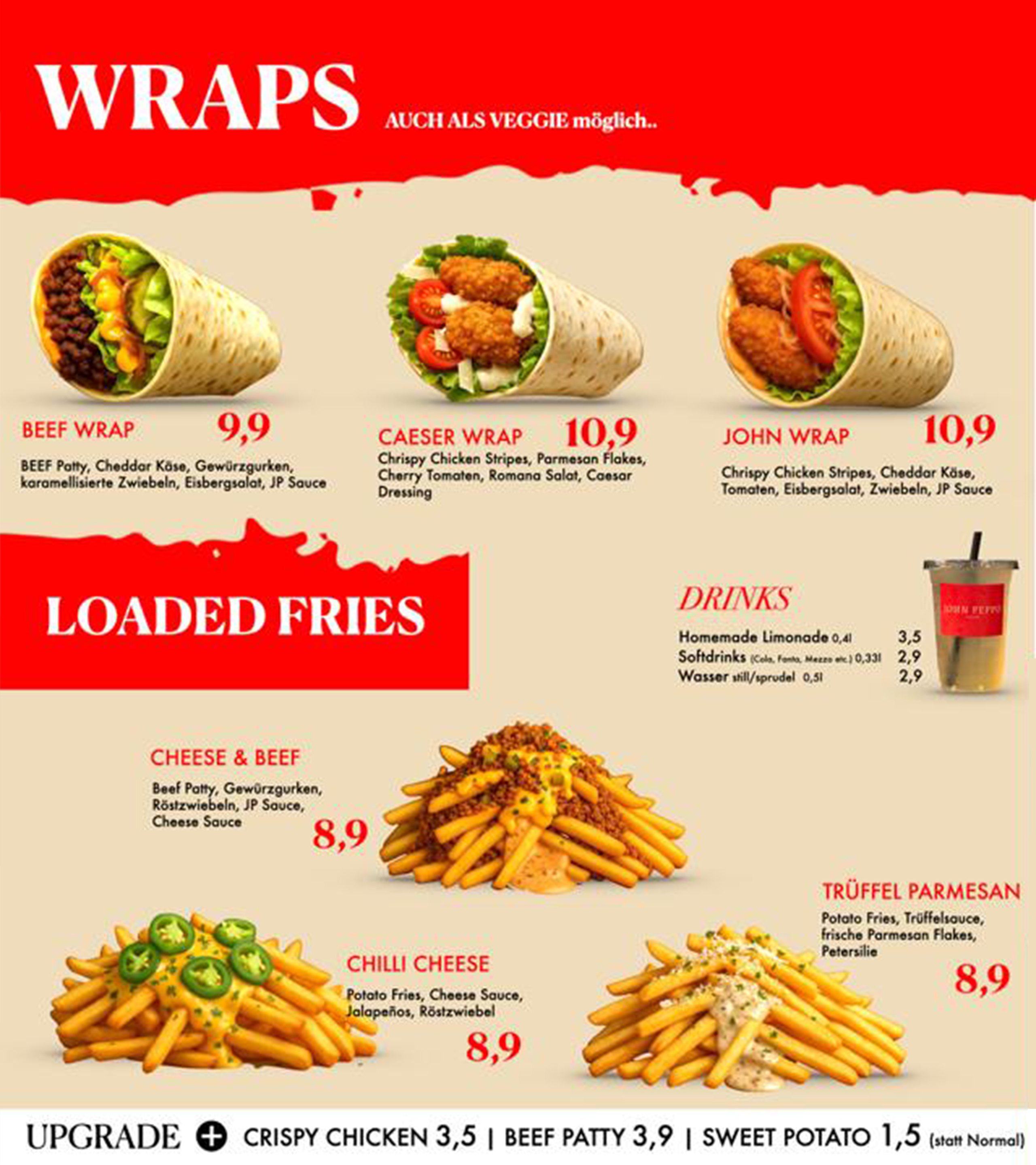 John Peppo menu panel with wraps, loaded fries, and drinks